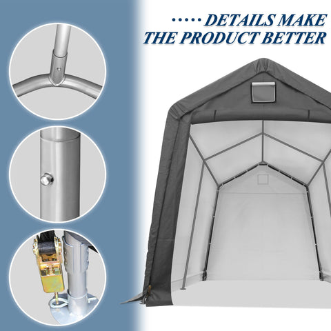 COVERONICS 7' x 12' Outdoor Storage Shed - Heavy Duty Portable Shelter Carport with Ventilation Windows and Roll-up Doors, Storage Shelter Tent for Motorcycle, Bike, Lawnmower and Garden Tools, Grey