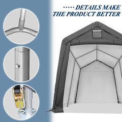 COVERONICS 7' x 12' Outdoor Storage Shed - Heavy Duty Portable Shelter Carport with Ventilation Windows and Roll-up Doors, Storage Shelter Tent for Motorcycle, Bike, Lawnmower and Garden Tools, Grey