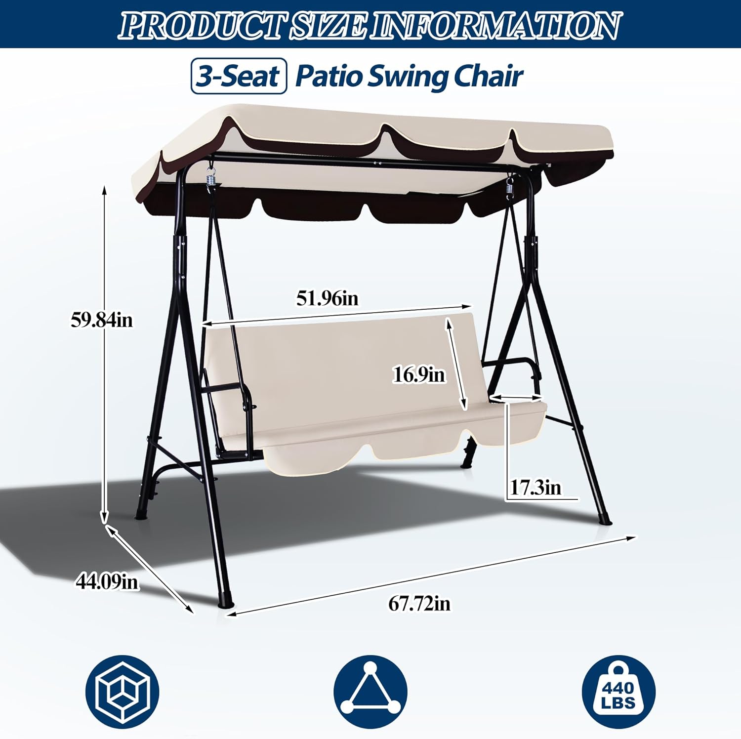 3-Seat Outdoor Porch Swing, Patio Swing Chair with Adjustable Canopy & Durable Metal Frame, Garden Swings Chair with Removable Cushions for Backyard, Terrace, Lawn