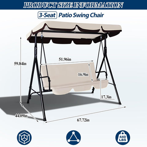 3-Seat Outdoor Porch Swing, Patio Swing Chair with Adjustable Canopy & Durable Metal Frame, Garden Swings Chair with Removable Cushions for Backyard, Terrace, Lawn
