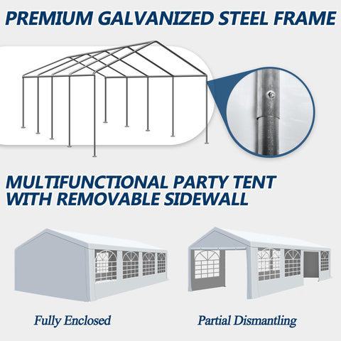COVERONICS Outdoor Canopy Party Tent, 10'X30' Patio Party Tent with Rollable Sides and 4 Sandbags, Heavy Duty Steel Frame Carport Gazebo Event Tent Perfect for Wedding, Birthday Party, Outdoor Event