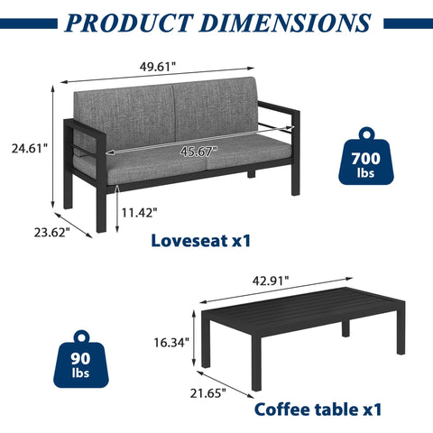 COVERONICS Outdoor 2 Pieces Aluminum Frame Furniture Set - Patio Modern Conversation Sofa Set Garden Furniture Set with Loveseat Coffee Table Balcony Backyard Poolside Gray