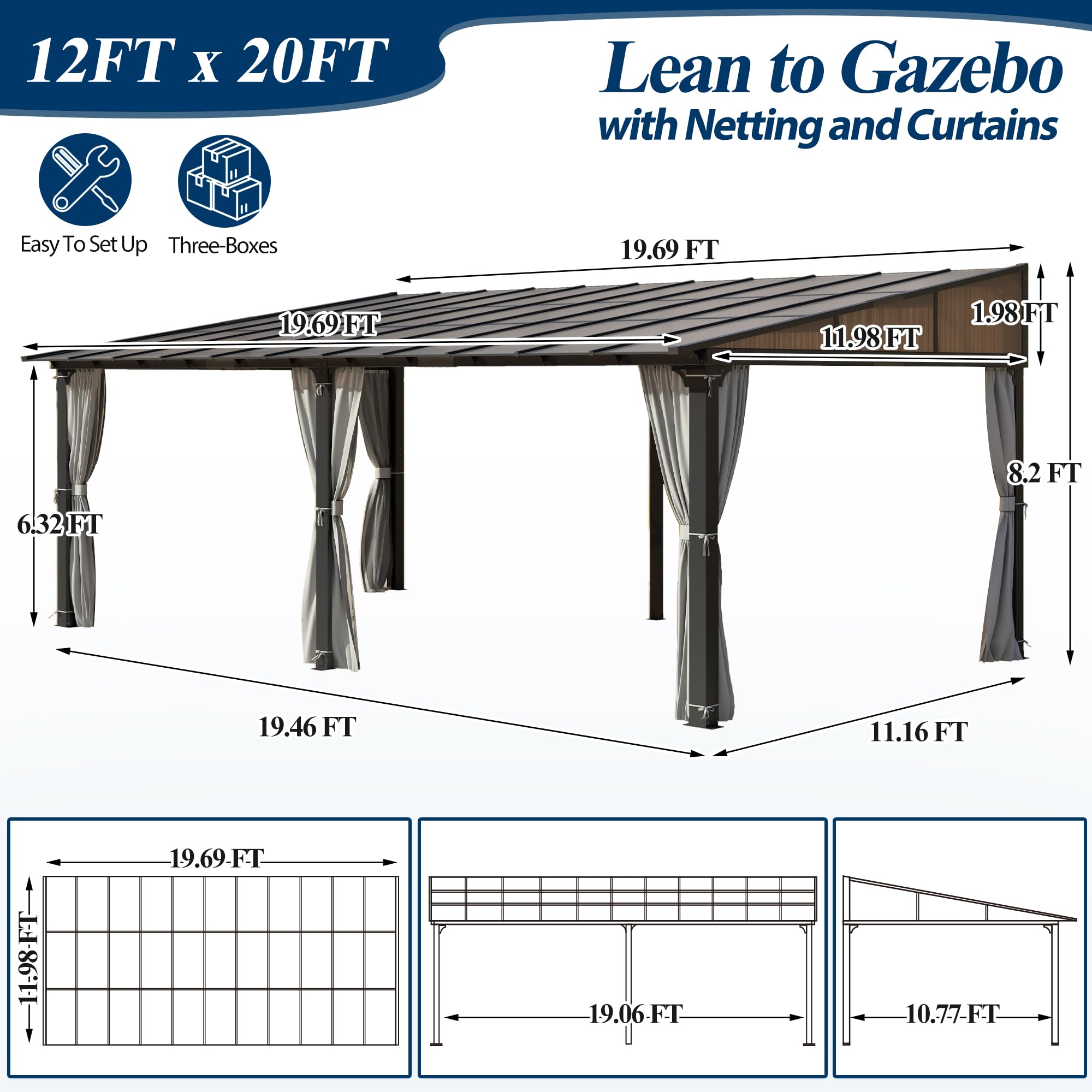12×20 ft Wall-Mounted Polycarbonate Lean-to Gazebo