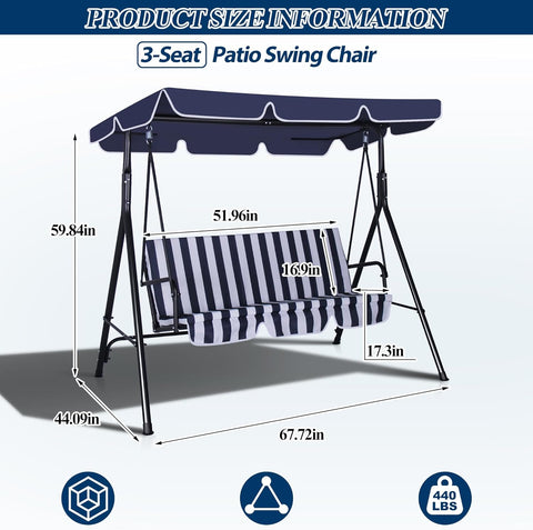 3-Seat Outdoor Porch Swing, Patio Swing Chair with Adjustable Canopy & Durable Metal Frame, Garden Swings Chair with Removable Cushions for Backyard, Terrace, Lawn