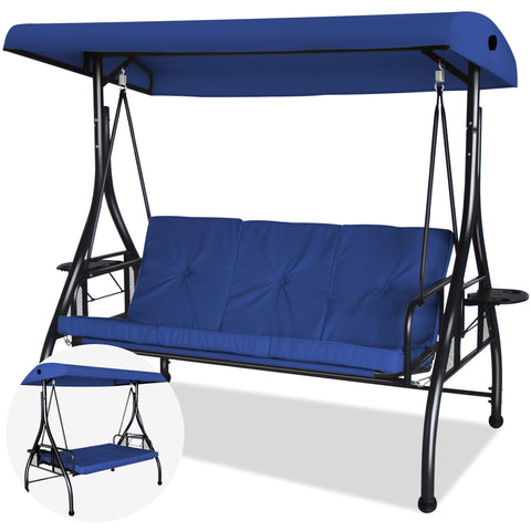 COVERONICS 3-Seat Outdoor Porch Swing, Patio Lounge Swing Chair with Converting Canopy for Deck, Backyard, Poolside, Patio Adjustable Shade & Removable Cushions(Navy Blue)