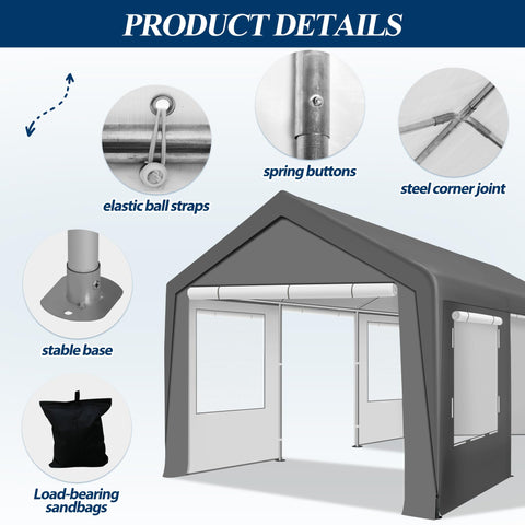 COVERONICS 10' x 20' Heavy Duty Carport Tent - Portable Outdoor Car Canopy with Roll-up Side Doors & Windows, Portable Garage with 4 Sandbags for Car, Truck and Outdoor Event, Grey