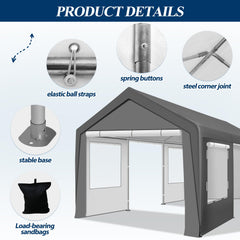 COVERONICS 10' x 20' Heavy Duty Carport Tent - Portable Outdoor Car Canopy with Roll-up Side Doors & Windows, Portable Garage with 4 Sandbags for Car, Truck and Outdoor Event, Grey