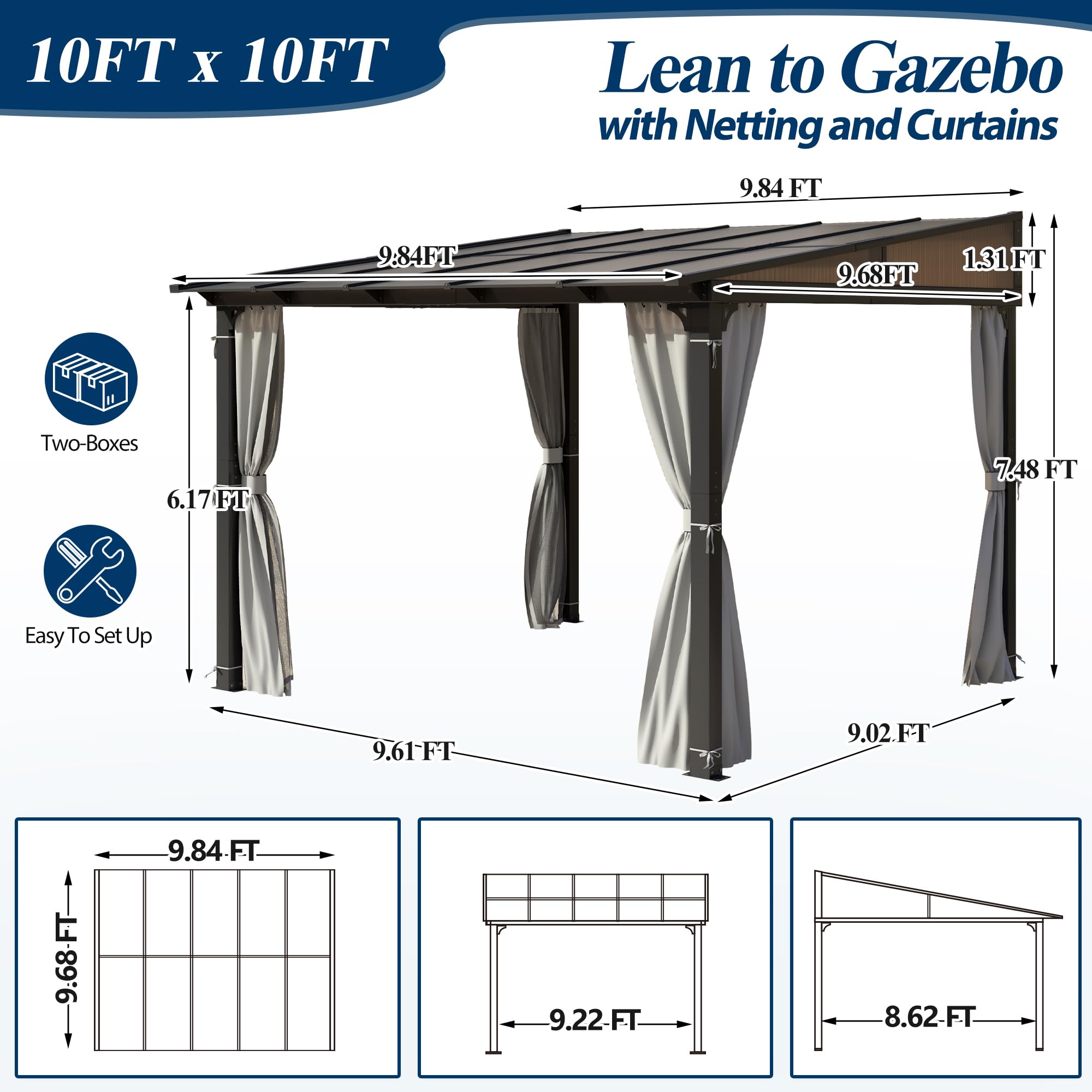 10×10 ft Wall-Mounted Polycarbonate Lean-To Gazebo