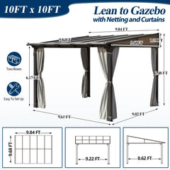 COVERONICS 10' X 10' Outdoor Polycarbonate Lean to Gazebo - Wall-Mounted Aluminum Frame Gazebo with Slope Hardtop, Patio Heavy-Duty Lean to Pergola with Netting & Curtains for Garden, Backyard, Deck