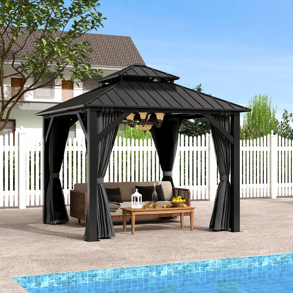 COVERONICS 8.5' X 8.5' Outdoor Galvanized Hardtop Gazebo - Aluminum Heavy-Duty Double Roof Vented Gazebo With Breathable Netting & Privacy Curtains For Patio, Porch, Garden, Lawn