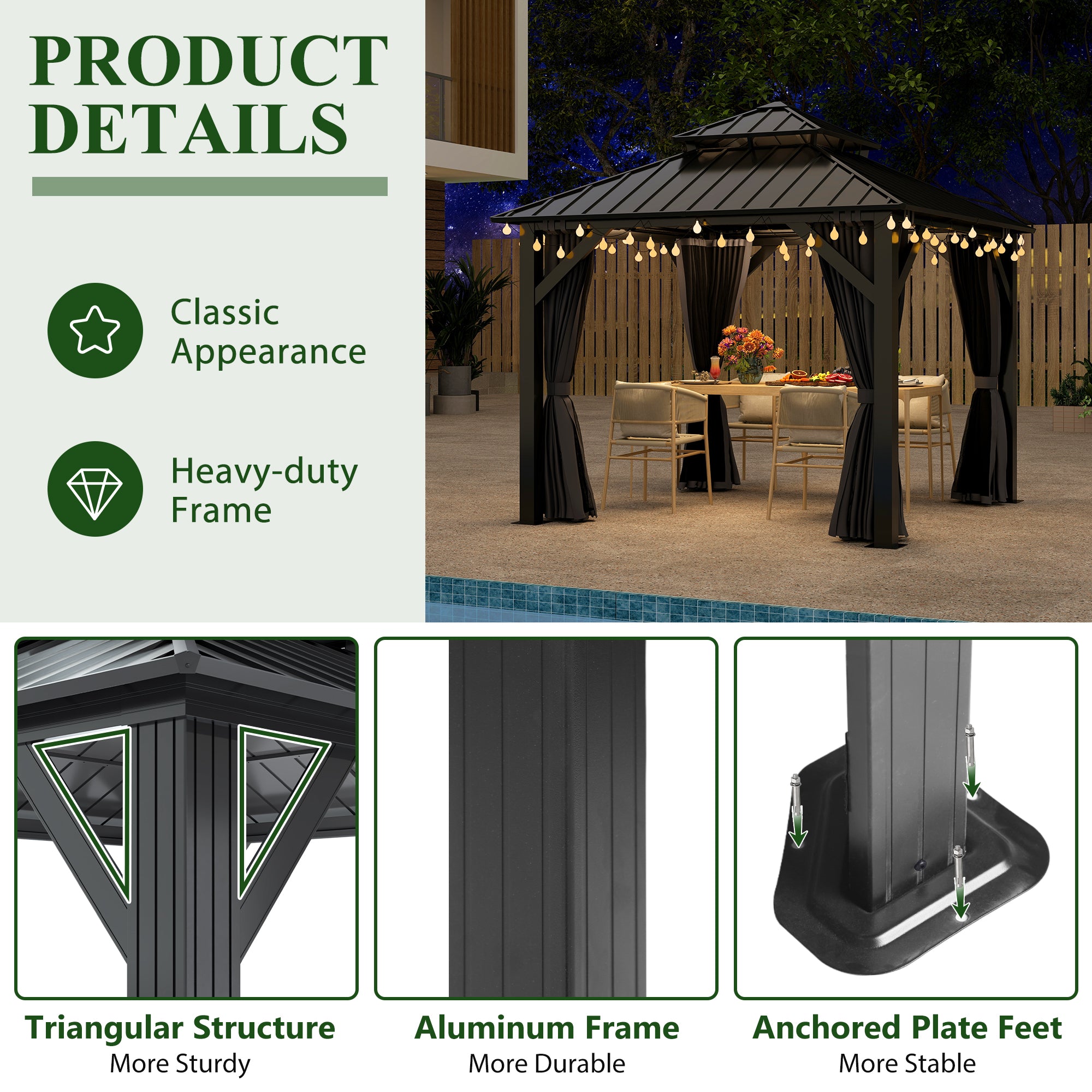 8.5×8.5 ft Aluminum Hardtop Gazebo with Galvanized Steel Double Roof & Curtains