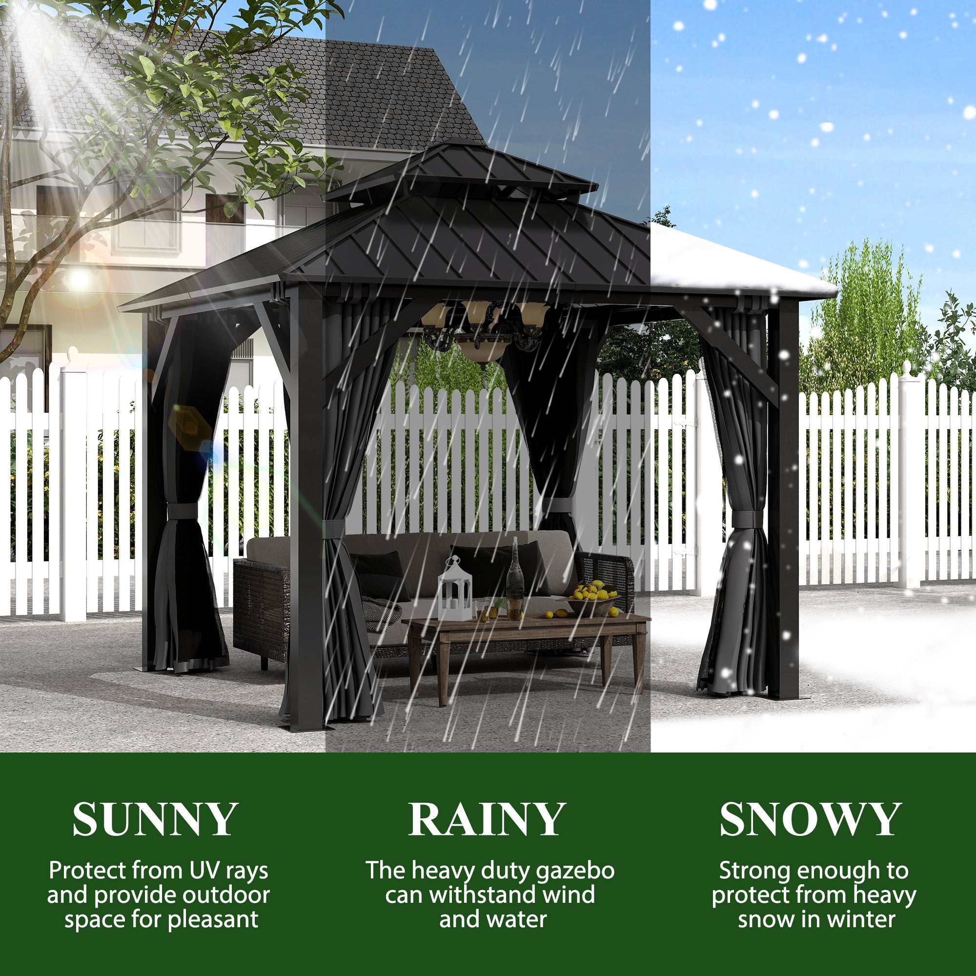 COVERONICS 8.5' X 8.5' Outdoor Galvanized Hardtop Gazebo - Aluminum Heavy-Duty Double Roof Vented Gazebo With Breathable Netting & Privacy Curtains For Patio, Porch, Garden, Lawn