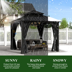 COVERONICS 8.5' X 8.5' Outdoor Galvanized Hardtop Gazebo - Aluminum Heavy-Duty Double Roof Vented Gazebo With Breathable Netting & Privacy Curtains For Patio, Porch, Garden, Lawn