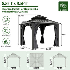 COVERONICS 8.5' X 8.5' Outdoor Galvanized Hardtop Gazebo - Aluminum Heavy-Duty Double Roof Vented Gazebo With Breathable Netting & Privacy Curtains For Patio, Porch, Garden, Lawn
