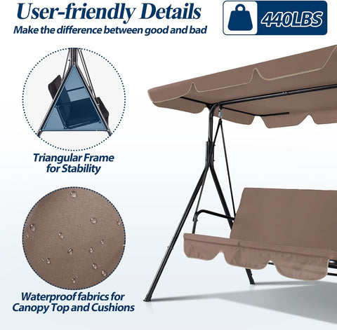 3-Seat Outdoor Porch Swing, Patio Swing Chair with Adjustable Canopy & Durable Metal Frame, Garden Swings Chair with Removable Cushions for Backyard, Terrace, Lawn