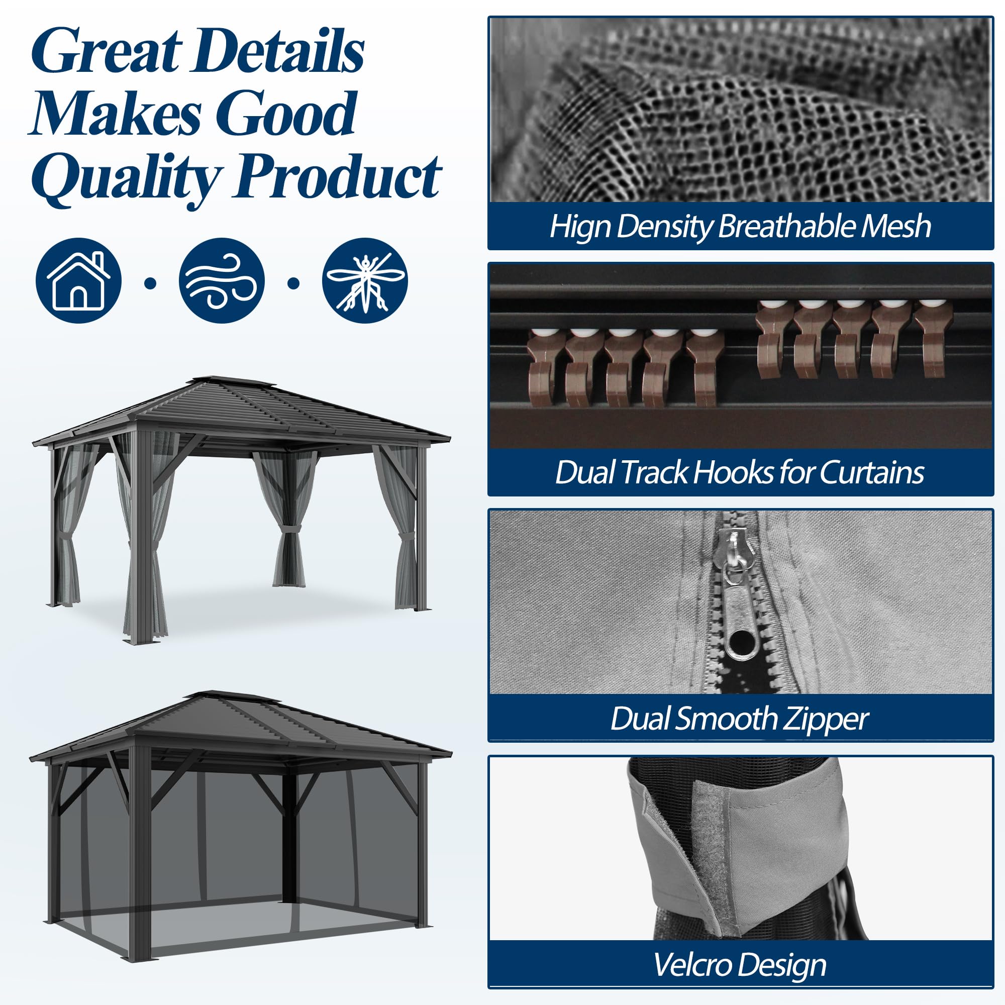 COVERONICS 10' x 12' Patio Hardtop Gazebo - Outdoor Heavy Duty Aluminum Frame Gazebo with Galvanized Steel Hardtop Single roof and Breathable Netting for Garden, Lawns, Party, Poolside