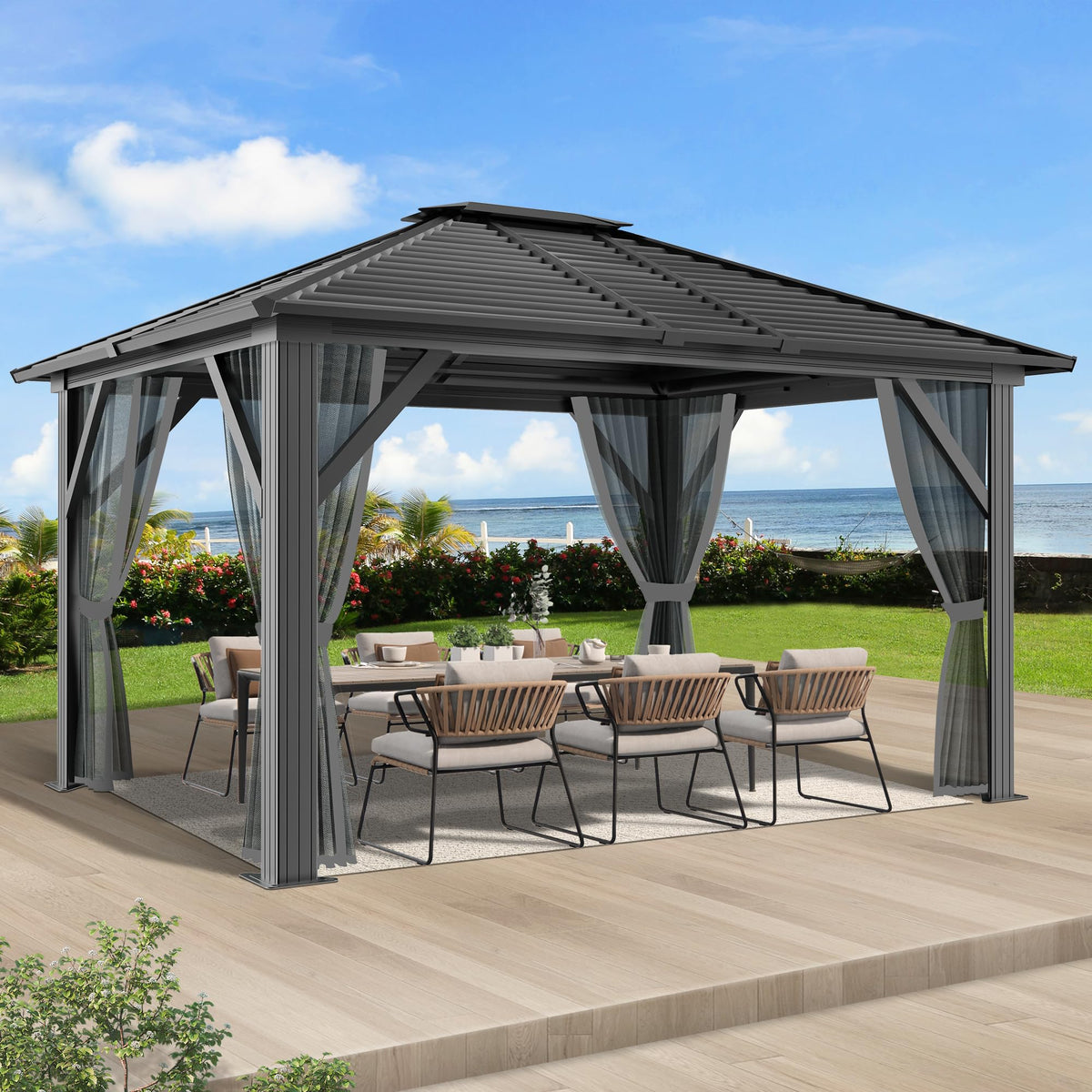 COVERONICS 10' x 12' Patio Hardtop Gazebo - Outdoor Heavy Duty Aluminum Frame Gazebo with Galvanized Steel Hardtop Single roof and Breathable Netting for Garden, Lawns, Party, Poolside