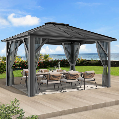 COVERONICS 10' x 12' Patio Hardtop Gazebo - Outdoor Heavy Duty Aluminum Frame Gazebo with Galvanized Steel Hardtop Single roof and Breathable Netting for Garden, Lawns, Party, Poolside