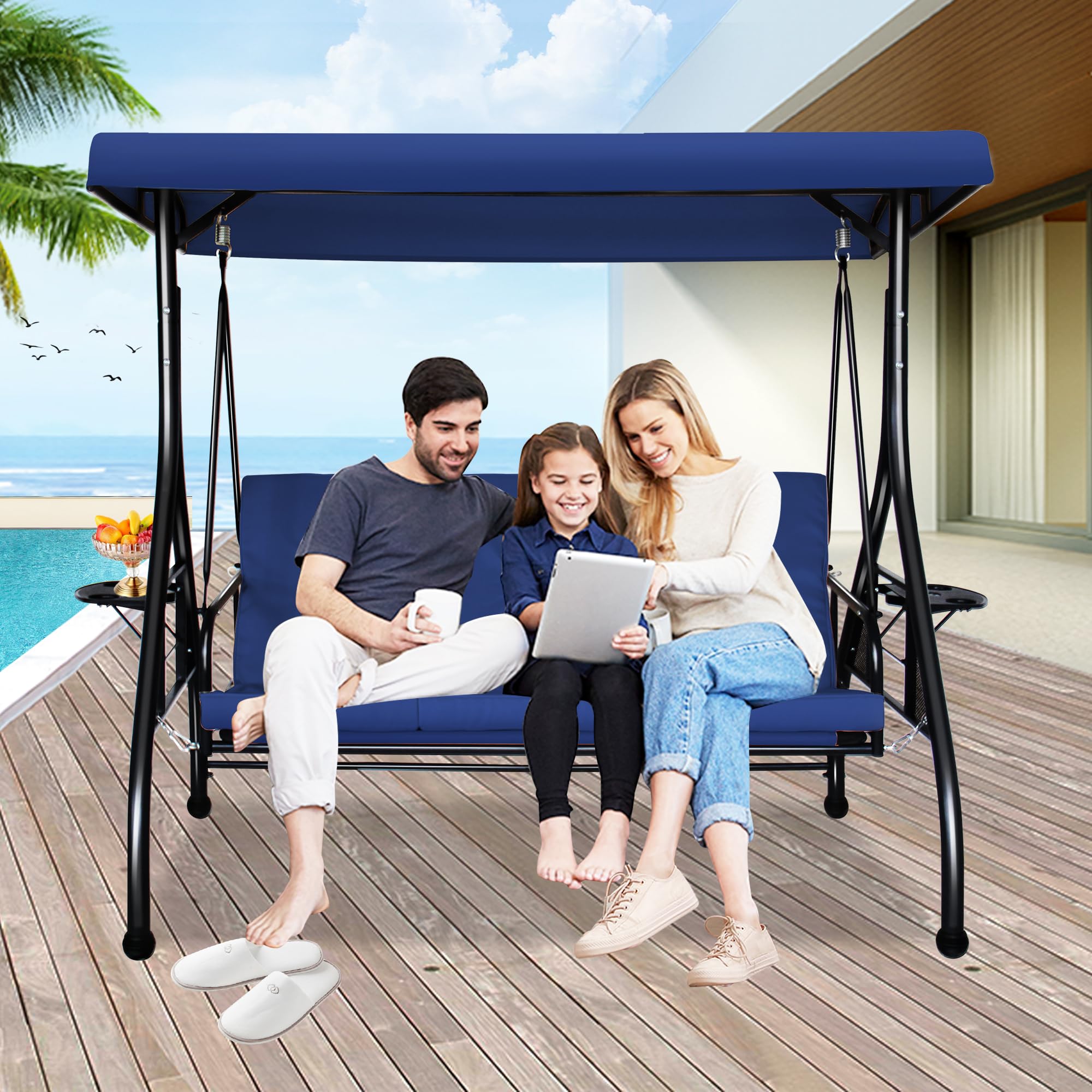 COVERONICS 3-Seat Outdoor Porch Swing, Patio Lounge Swing Chair with Converting Canopy for Deck, Backyard, Poolside, Patio Adjustable Shade & Removable Cushions(Navy Blue)