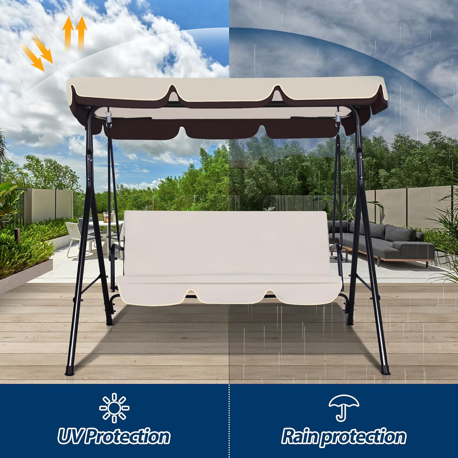 3-Seat Outdoor Porch Swing, Patio Swing Chair with Adjustable Canopy & Durable Metal Frame, Garden Swings Chair with Removable Cushions for Backyard, Terrace, Lawn