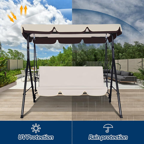 3-Seat Outdoor Porch Swing, Patio Swing Chair with Adjustable Canopy & Durable Metal Frame, Garden Swings Chair with Removable Cushions for Backyard, Terrace, Lawn