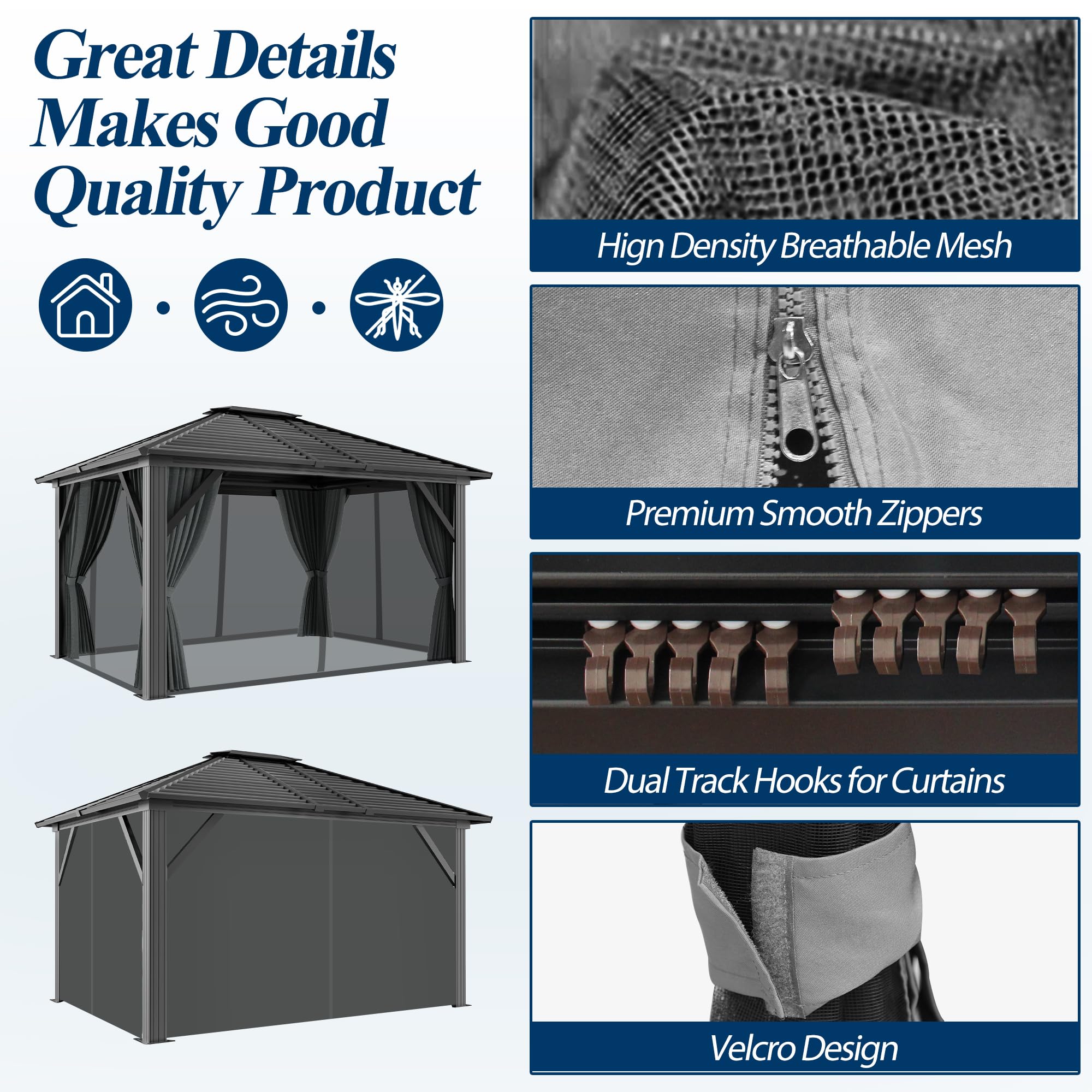 COVERONICS 10' x 12' Patio Hardtop Gazebo - Outdoor Heavy Duty with Aluminum Frame, Galvanized Steel Hardtop Single Roof with Breathable Netting and Curtains for Garden, Lawns, Party, Poolside