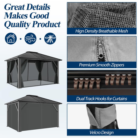 COVERONICS 10' x 12' Patio Hardtop Gazebo - Outdoor Heavy Duty with Aluminum Frame, Galvanized Steel Hardtop Single Roof with Breathable Netting and Curtains for Garden, Lawns, Party, Poolside