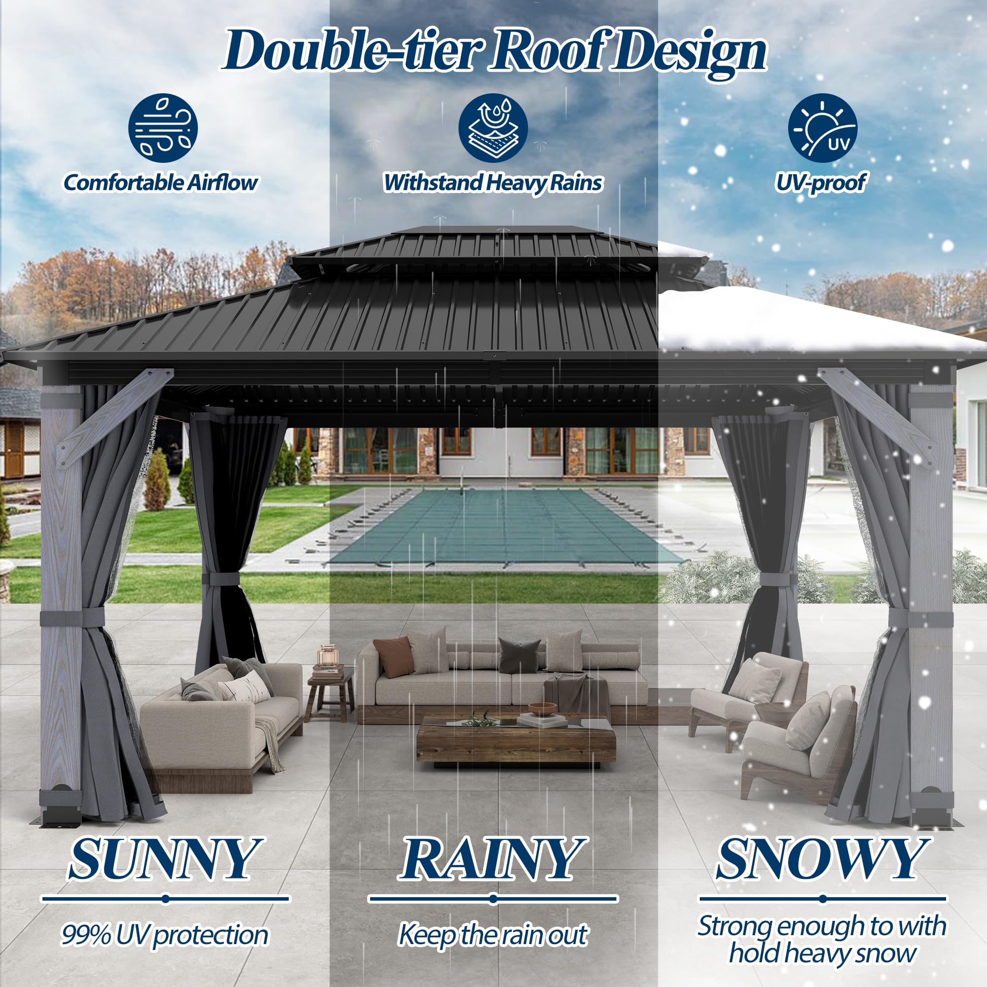 COVERONICS 12FT x 16FT Outdoor Hardtop Gazebo - Patio Cedar Wood Post Gazebo with Galvanized Steel Hardtop, Heavy-Duty Double Roof Pavilion with Netting & Curtains for Garden, Poolside, Deck, Backyard