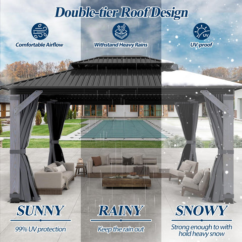 COVERONICS 12FT x 16FT Outdoor Hardtop Gazebo - Patio Cedar Wood Post Gazebo with Galvanized Steel Hardtop, Heavy-Duty Double Roof Pavilion with Netting & Curtains for Garden, Poolside, Deck, Backyard