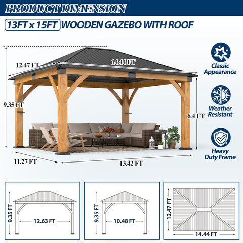COVERONICS 13FT x 15FT Outdoor Spruce Wooden Gazebo - Patio Wood Frame Gazebo with Galvanized Steel Hardtop, Heavy-Duty Hardtop Gazebos for Garden, Poolside, Deck, Backyard