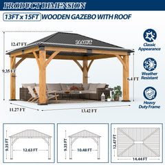 COVERONICS 13FT x 15FT Outdoor Spruce Wooden Gazebo - Patio Wood Frame Gazebo with Galvanized Steel Hardtop, Heavy-Duty Hardtop Gazebos for Garden, Poolside, Deck, Backyard