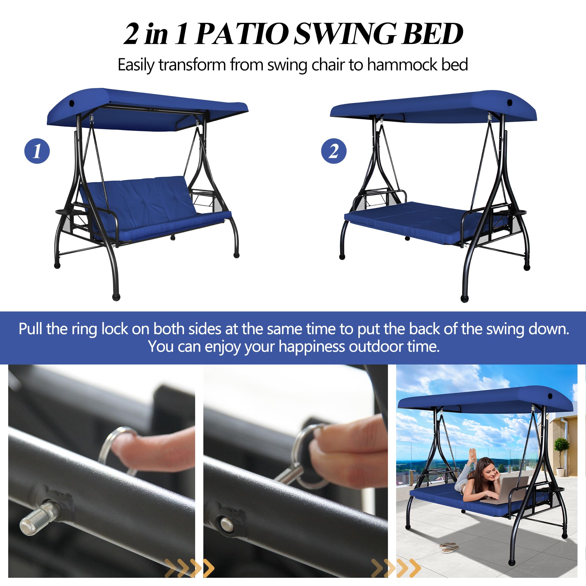 COVERONICS 3-Seat Outdoor Porch Swing, Patio Lounge Swing Chair with Converting Canopy for Deck, Backyard, Poolside, Patio Adjustable Shade & Removable Cushions(Navy Blue)