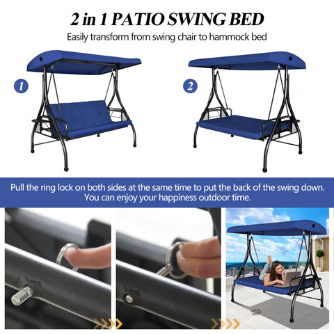 COVERONICS 3-Seat Outdoor Porch Swing, Patio Lounge Swing Chair with Converting Canopy for Deck, Backyard, Poolside, Patio Adjustable Shade & Removable Cushions(Navy Blue)