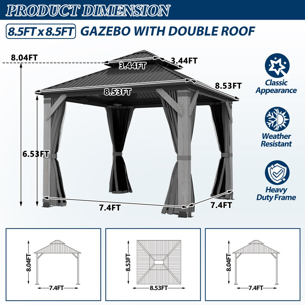 COVERONICS 8.5FT x 8.5FT Outdoor Hardtop Gazebo - Patio Cedar Wood Post Gazebo with Galvanized Steel Hardtop, Heavy-Duty Double Roof Pavilion with Netting & Curtains for Garden, Poolside, Deck, Backyard