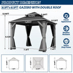 COVERONICS 8.5FT x 8.5FT Outdoor Hardtop Gazebo - Patio Cedar Wood Post Gazebo with Galvanized Steel Hardtop, Heavy-Duty Double Roof Pavilion with Netting & Curtains for Garden, Poolside, Deck, Backyard