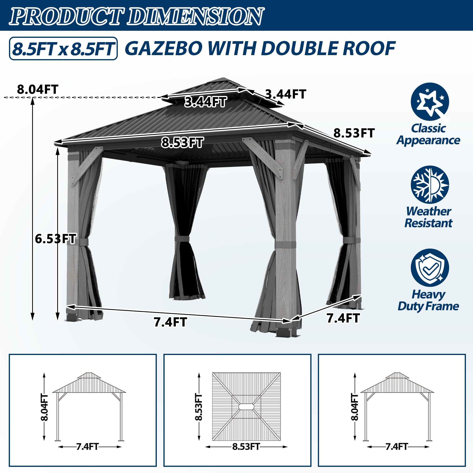 COVERONICS 8.5FT x 8.5FT Outdoor Hardtop Gazebo - Patio Cedar Wood Post Gazebo with Galvanized Steel Hardtop, Heavy-Duty Double Roof Pavilion with Netting & Curtains for Garden, Poolside, Deck, Backyard
