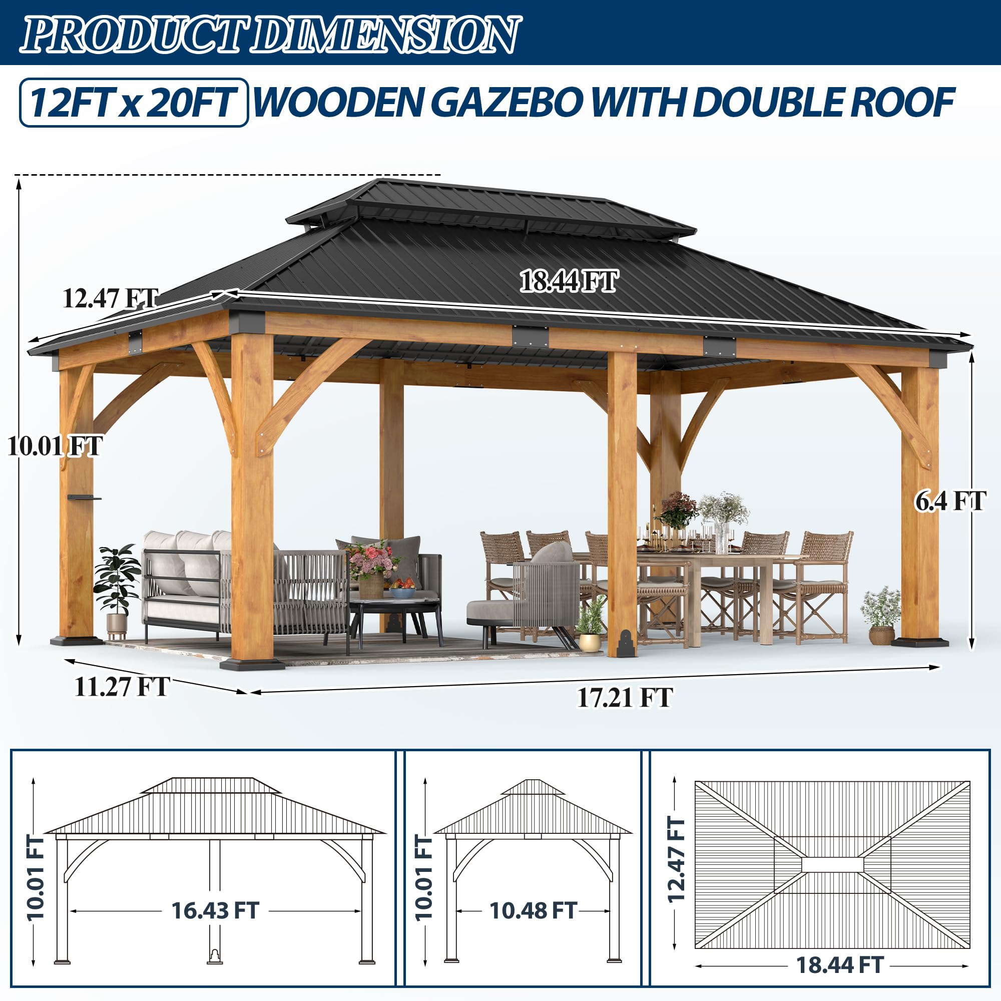 COVERONICS 12FT x 20FT Outdoor Spruce Wooden Gazebo - Patio Wood Frame Gazebo with Galvanized Steel Double Roof, Heavy-Duty Hardtop for Garden, Poolside, Deck, Backyard