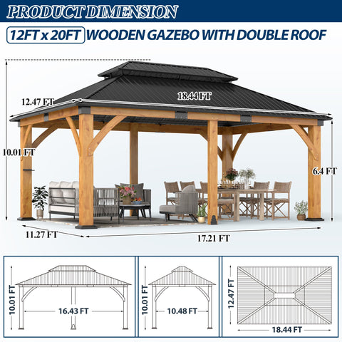 COVERONICS 12FT x 20FT Outdoor Spruce Wooden Gazebo - Patio Wood Frame Gazebo with Galvanized Steel Double Roof, Heavy-Duty Hardtop for Garden, Poolside, Deck, Backyard
