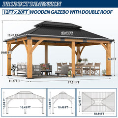 COVERONICS 12FT x 20FT Outdoor Spruce Wooden Gazebo - Patio Wood Frame Gazebo with Galvanized Steel Double Roof, Heavy-Duty Hardtop for Garden, Poolside, Deck, Backyard