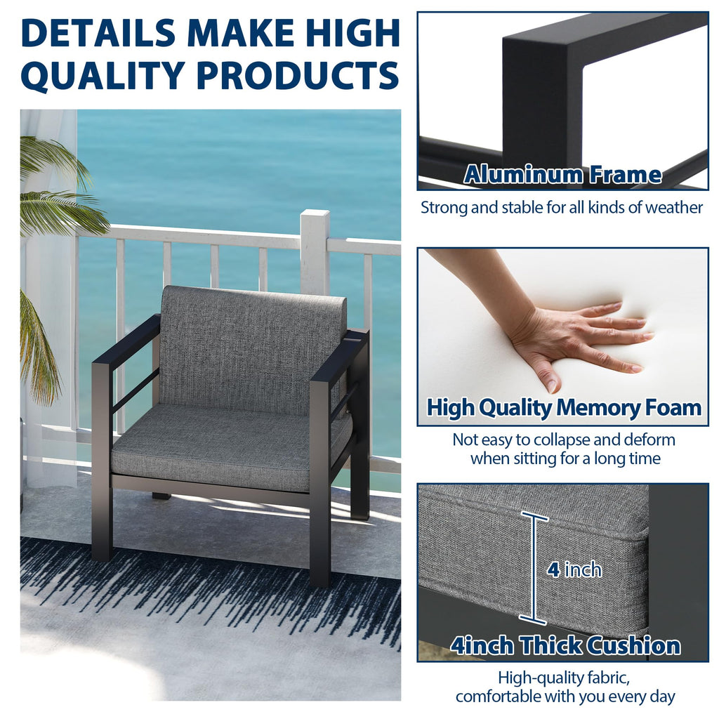 2-Piece Aluminum Armchair Set with Waterproof Cushions, All-Weather Patio Conversation Chairs