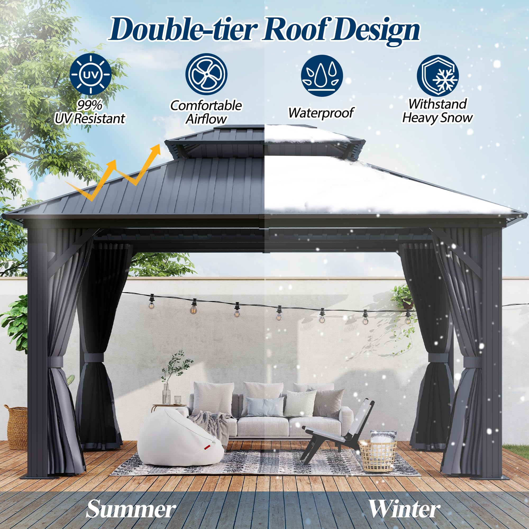 COVERONICS 12' x 14' Outdoor Galvanized Hardtop Gazebo - Aluminum Heavy-Duty Double Roof Vented Gazebo with Breathable Netting & Privacy Curtains for Patio, Porch, Garden, Lawn