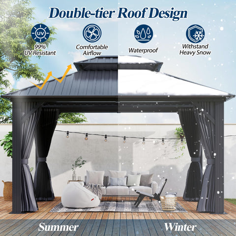 COVERONICS 12' x 14' Outdoor Galvanized Hardtop Gazebo - Aluminum Heavy-Duty Double Roof Vented Gazebo with Breathable Netting & Privacy Curtains for Patio, Porch, Garden, Lawn