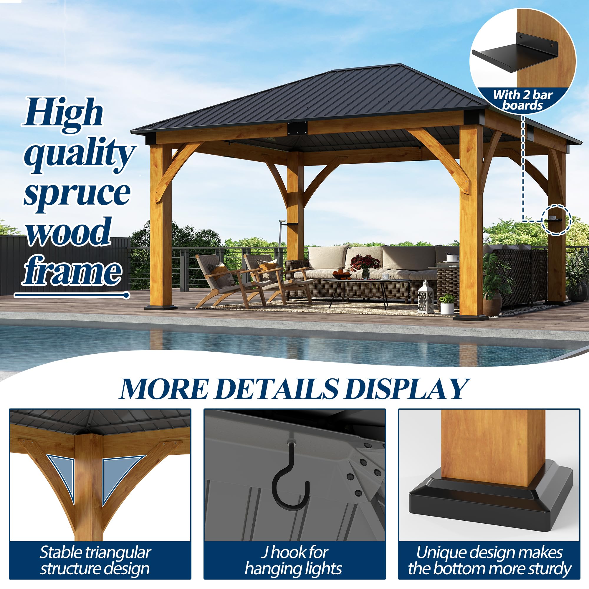 13×15 ft Spruce Wood Hardtop Gazebo with single Roof