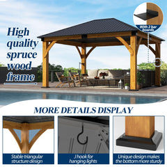 COVERONICS 13FT x 15FT Outdoor Spruce Wooden Gazebo - Patio Wood Frame Gazebo with Galvanized Steel Hardtop, Heavy-Duty Hardtop Gazebos for Garden, Poolside, Deck, Backyard