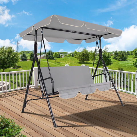 3-Seat Outdoor Porch Swing, Patio Swing Chair with Adjustable Canopy & Durable Metal Frame, Garden Swings Chair with Removable Cushions for Backyard, Terrace, Lawn