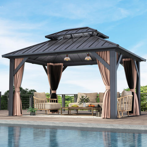 COVERONICS 10'x12' Outdoor Galvanized Steel Hardtop Gazebo - Patio Double Roof Gazebo with Aluminum Frame, Vertical Roof Gazebo with Netting & Curtains for Porch, Garden, Lawn, Deck, Backyard