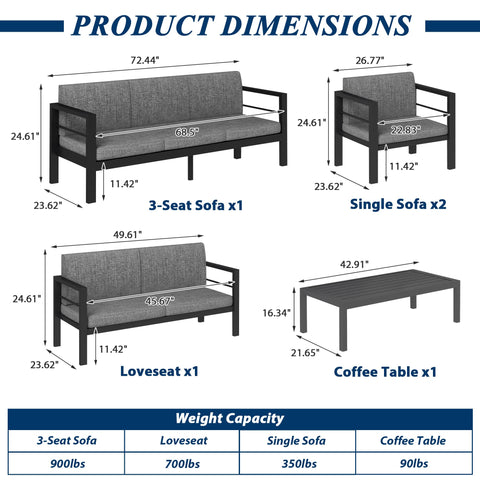 COVERONICS Outdoor 5 Pieces Aluminum Furniture Set - Patio Conversation Set with Upgraded Waterproof Cushions, Perfect for Backyard, Garden, Courtyards, Poolside