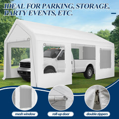 COVERONICS 10' x 20' Heavy Duty Carport Tent - Portable Outdoor Car Canopy with Roll-up Side Doors & Windows, Portable Garage with 4 Sandbags for Car, Truck and Outdoor Event, White