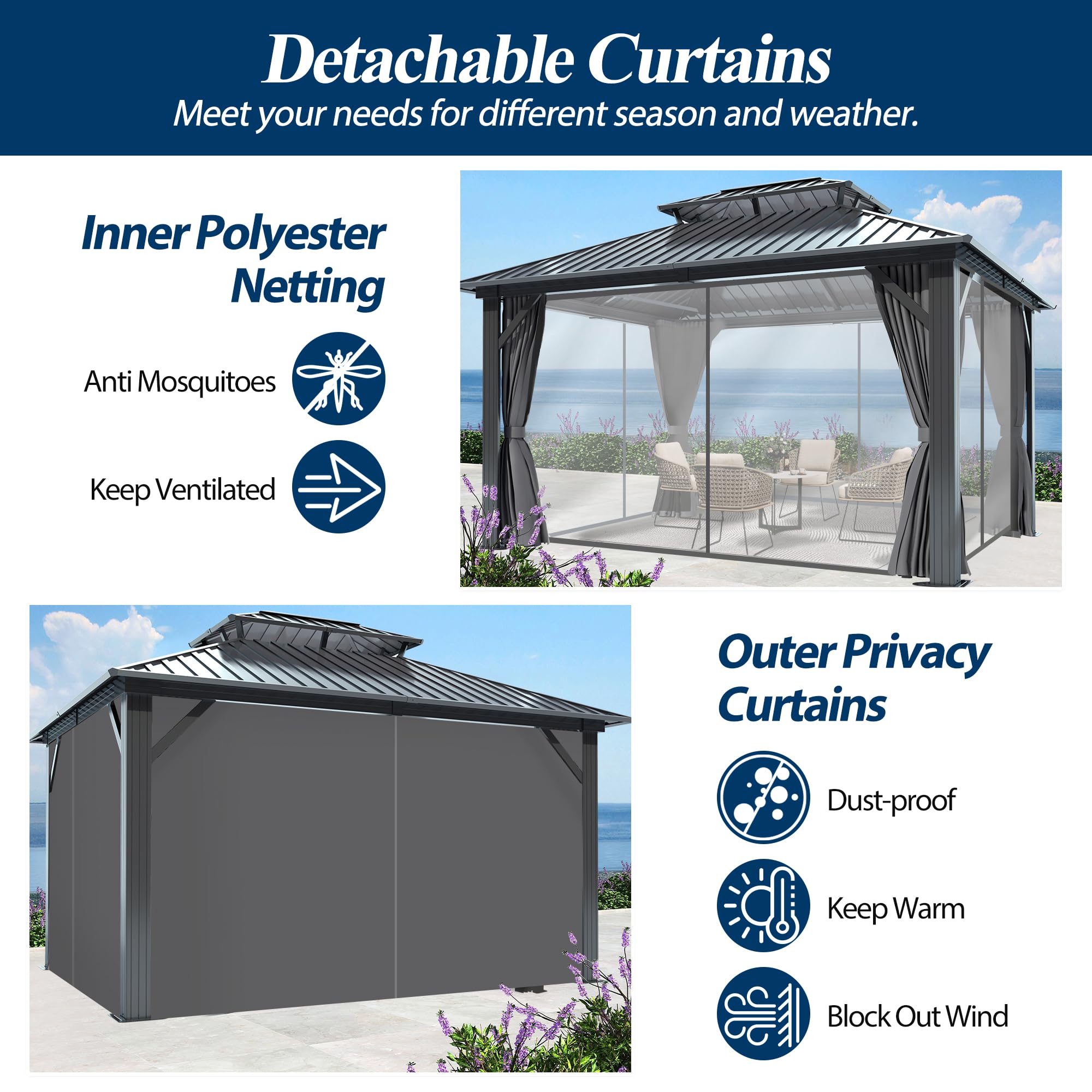 12×14 ft Aluminum Hardtop Gazebo with Galvanized Steel Double Roof & Curtains