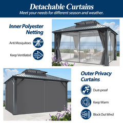 COVERONICS 12' x 14' Outdoor Galvanized Hardtop Gazebo - Aluminum Heavy-Duty Double Roof Vented Gazebo with Breathable Netting & Privacy Curtains for Patio, Porch, Garden, Lawn